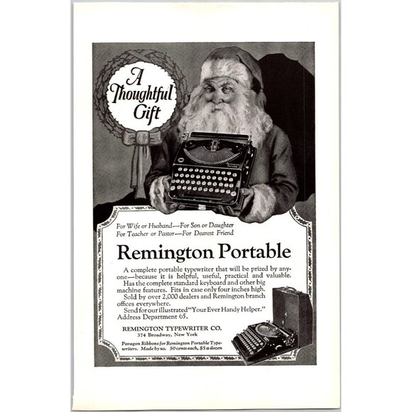 PRINT AD 1922 Remington Portable Typewriter Thoughtful Christmas Gift Santa - Picture 1 of 3